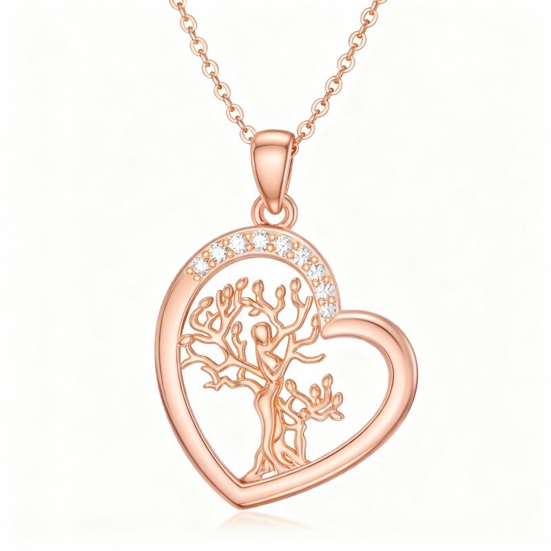Halskette aus 10-karätigem Roségold mit rundem Moissanit-Anhänger „Lebensbaum“ und Mutter-Tochter-Motiv-1