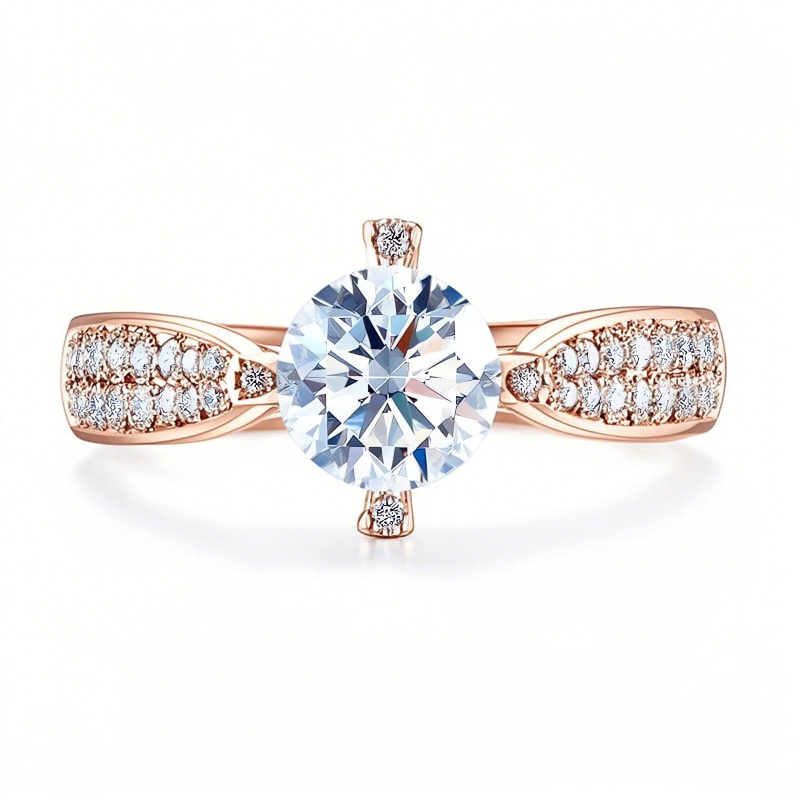 Anel de casamento de moissanite com corte redondo em ouro rosa 10K-20