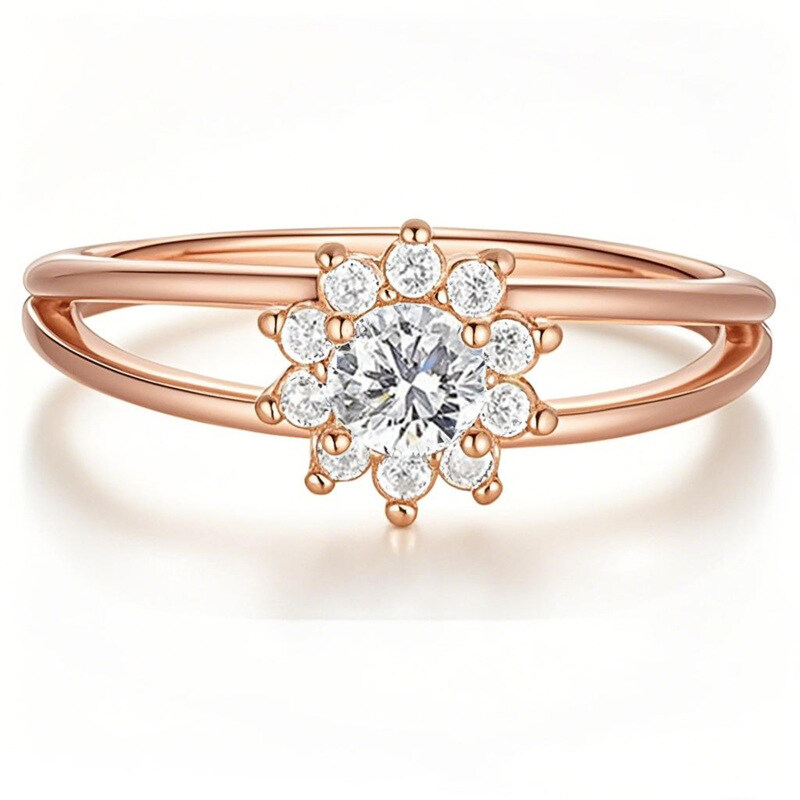 Bague en or rose 18 carats ornée d'une moissanite taille ronde et de fleurs sauvages-1