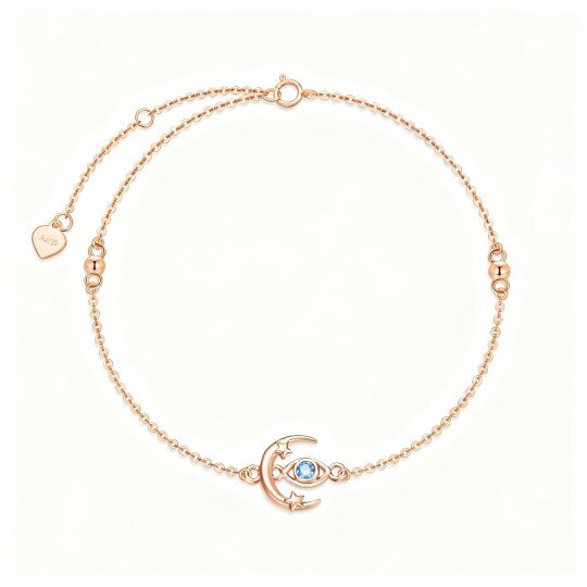 9K Rose Gold Round Cut Cubic Zirconia Moon Bead Station Chain Bracelet