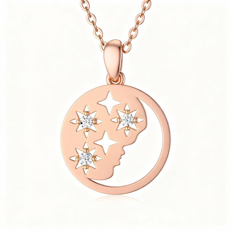10K Rose Gold Round Cut Cubic Zirconia Moon Pendant Necklace-1