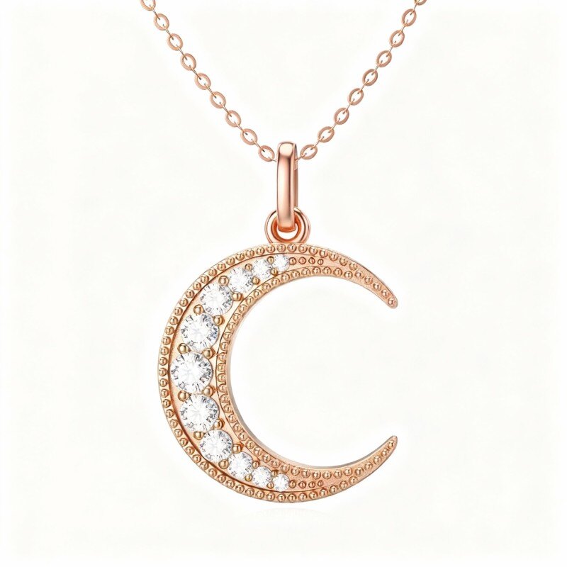 Collar con colgante de luna de circonita cúbica de corte redondo en oro rosa de 18 quilates-1