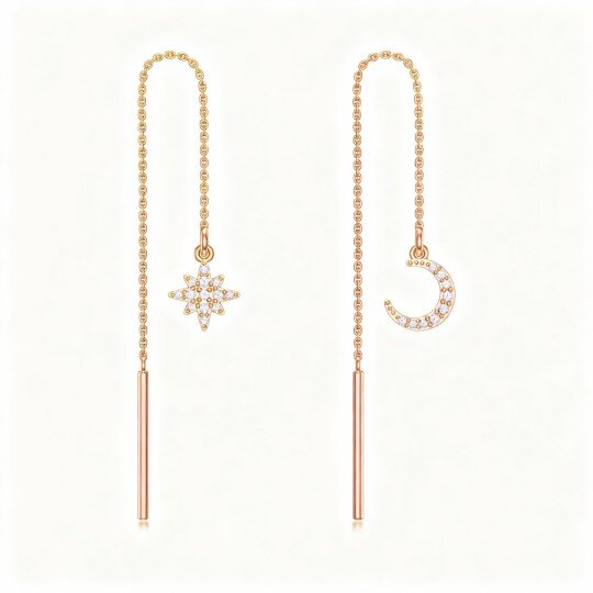 10K Rose Gold Round Cut Cubic Zirconia Moon & Star Drop Earrings