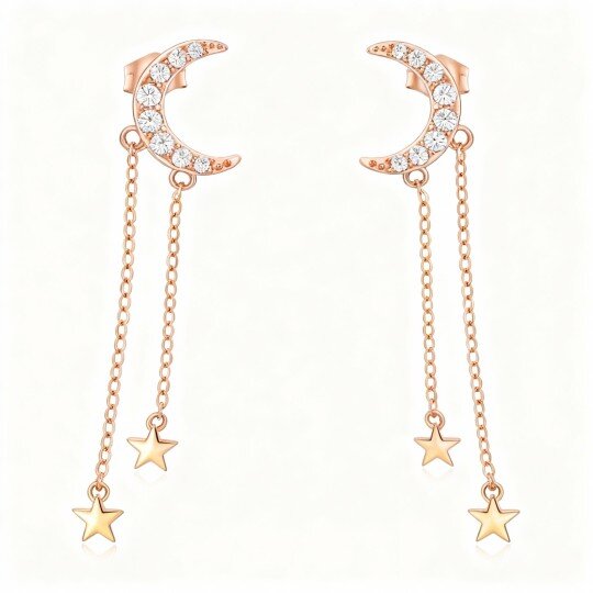 10K Rose Gold Round Cut Cubic Zirconia Moon & Star Drop Earrings