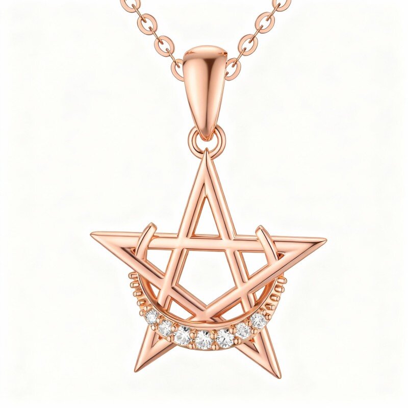 18K Rose Gold Round Cut Cubic Zirconia Moon & Star Pendant Necklace-1