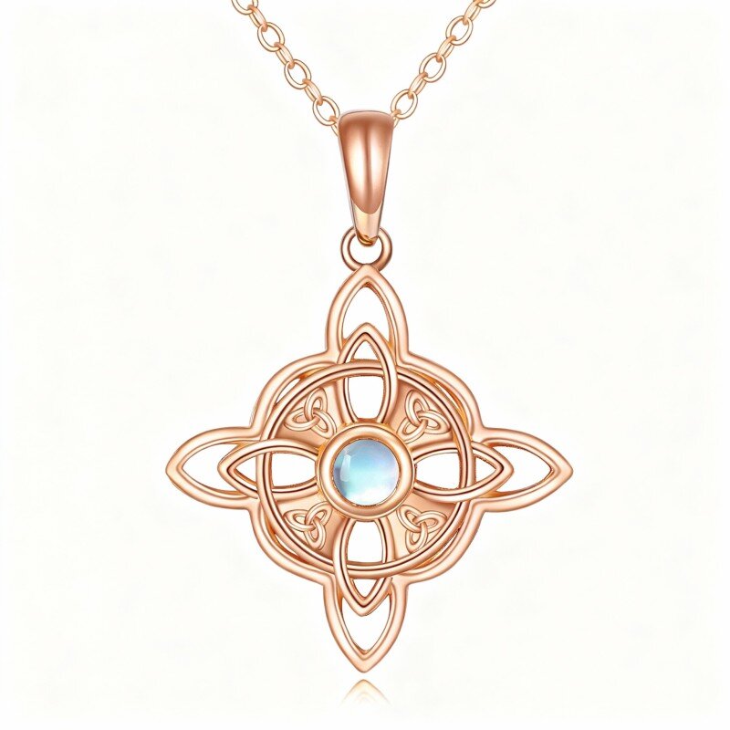 18K Rose Gold Round Cut Moonstone Celtic Knot & Witch Knot Pendant Necklace-1