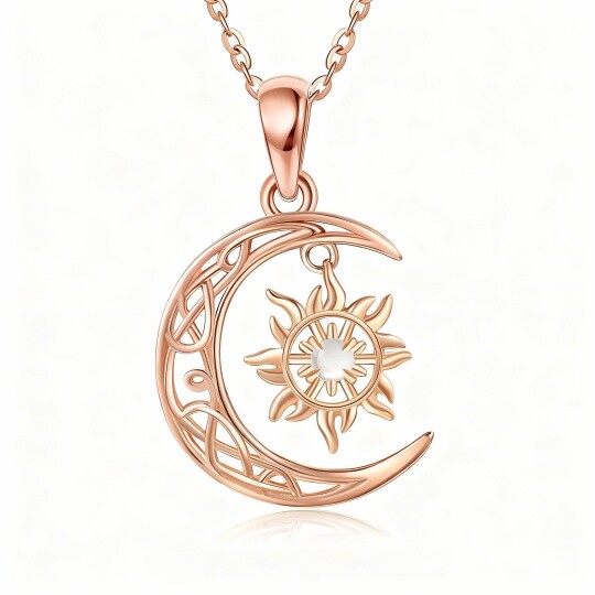 10K Rose Gold Round Cut Moonstone Moon & Sun Pendant Necklace