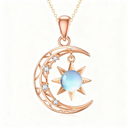 Collier pendentif lune et soleil en or rose 10 carats avec pierre de lune taille ronde