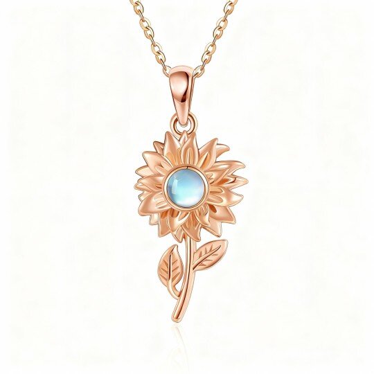 10K Rose Gold Round Cut Moonstone Sunflower Pendant Necklace