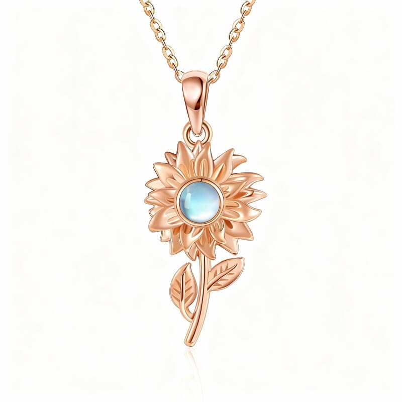10K Rose Gold Round Cut Moonstone Sunflower Pendant Necklace-1