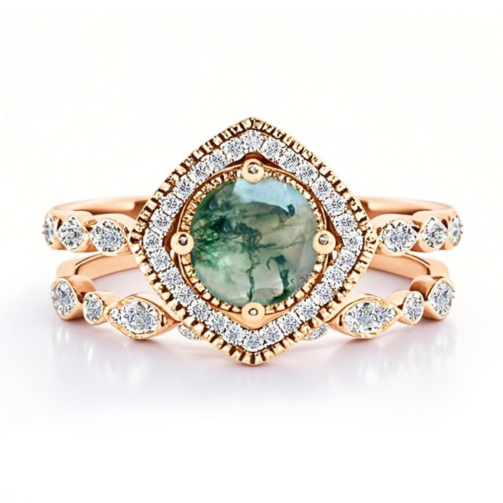 18K Rose Gold Round Cut Moss Agate Engagement Ring-1