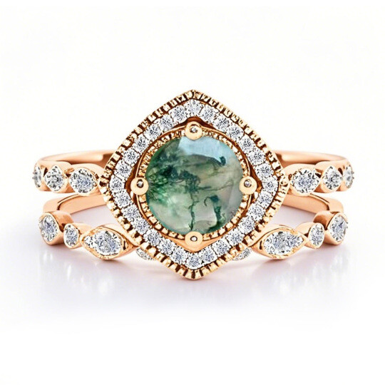 Verlobungsring aus 10-karätigem Roségold mit rundem Moosachat