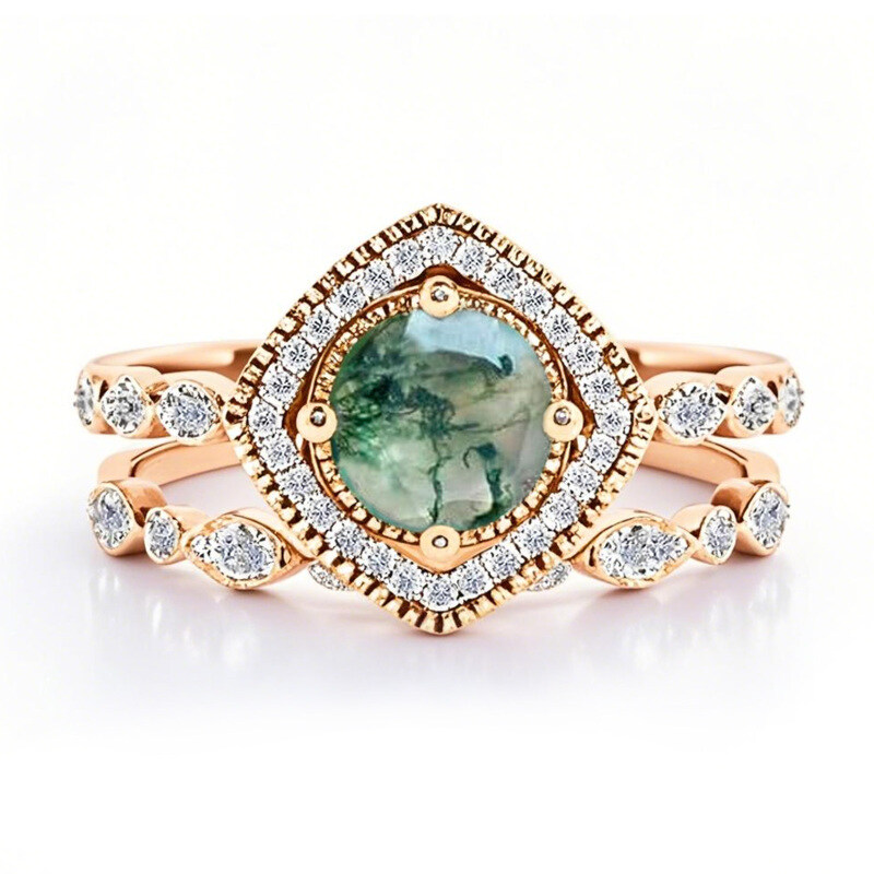 Anel de noivado em ouro rosa 14K com ágata musgo lapidada redonda-1