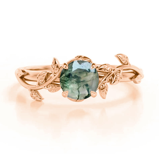 10K Rose Gold Round Cut Moss Agate Engagement Ring