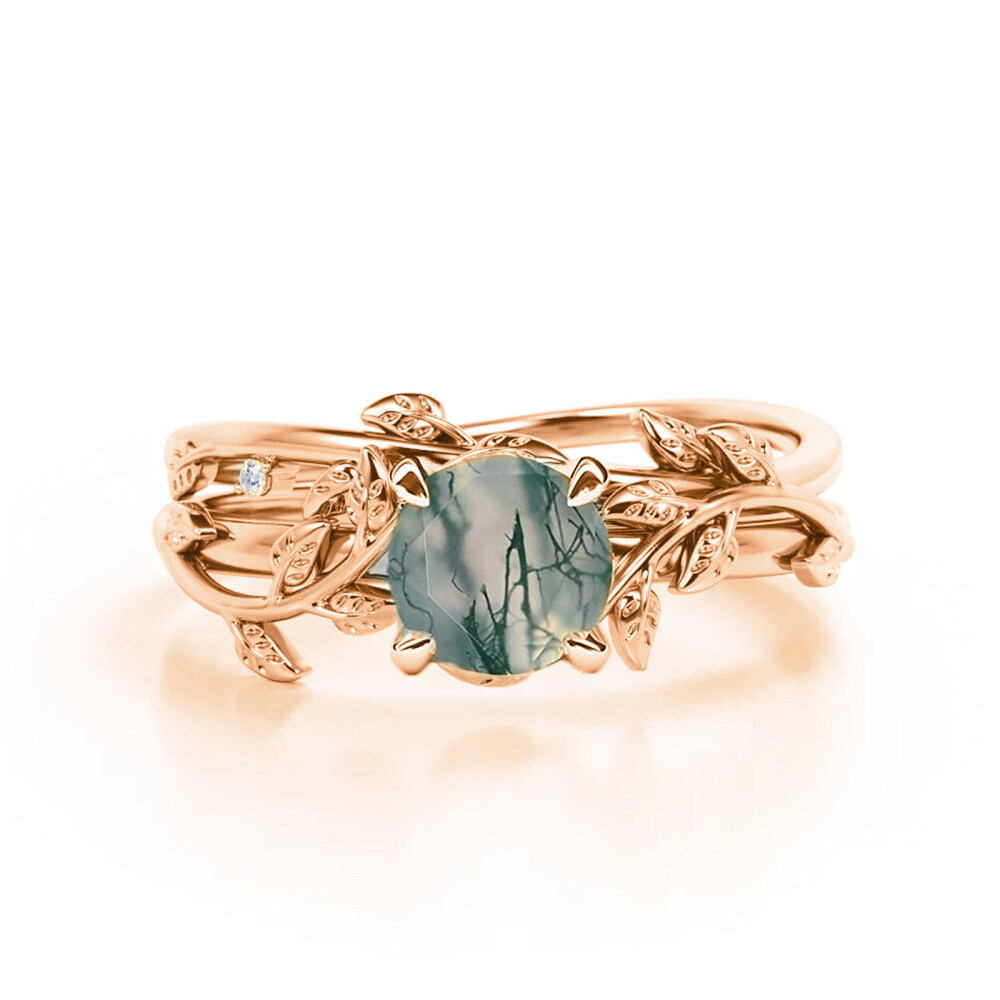 Sterling Silver with Rose Gold Plated Moss Agate Leaves Ring-1