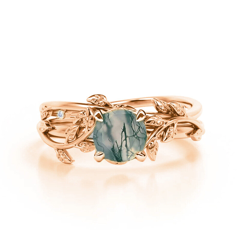 Sterling Silver with Rose Gold Plated Moss Agate Leaves Ring-13