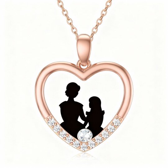 Collier pendentif en or rose 10 carats avec zircon cubique rond, symbole mère-fille et cœur