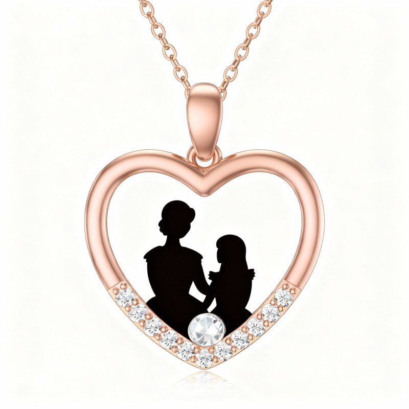 14K Rose Gold Round Cut Cubic Zirconia Mother & Daughter & Heart Pendant Necklace-1