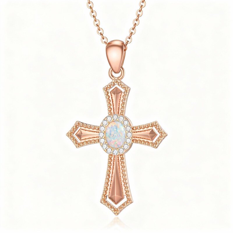 Naszyjnik z okrągłym krzyżem z opalem szlifowanym w 10-karatowym różowym złocie-1