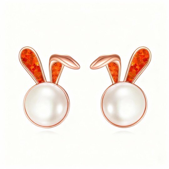 Pendientes de botón de conejo con ópalo de talla redonda y perla en oro rosa de 10 quilates