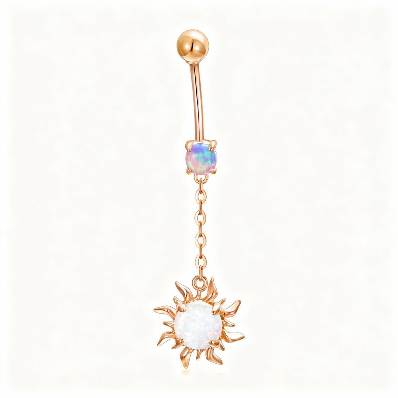 14K Rose Gold Round Cut Opal Sun Belly Button Ring-1