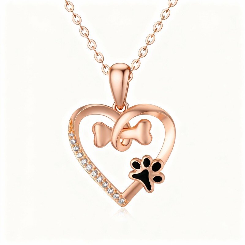 Colar com pendente de pata, osso e coração em ouro rosa 10K com zircónias cúbicas de corte redondo.-1