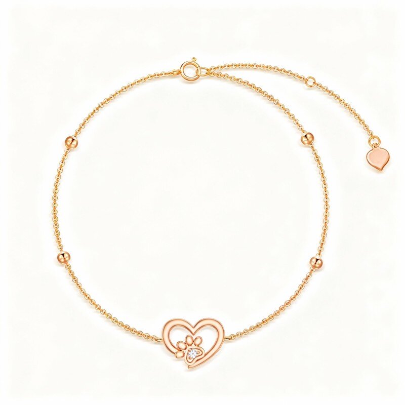 18K Rose Gold Round Cut Cubic Zirconia Paw & Heart Charm Bracelet-1