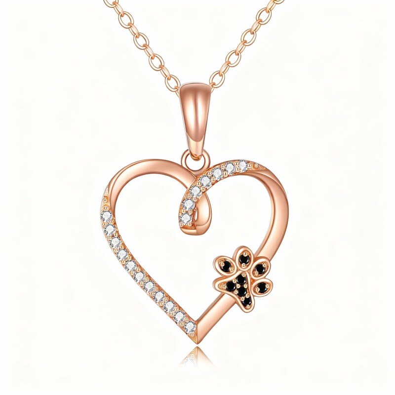 Halskette aus 10-karätigem Roségold mit rundem Zirkonia-Anhänger in Pfote und Herzform-1
