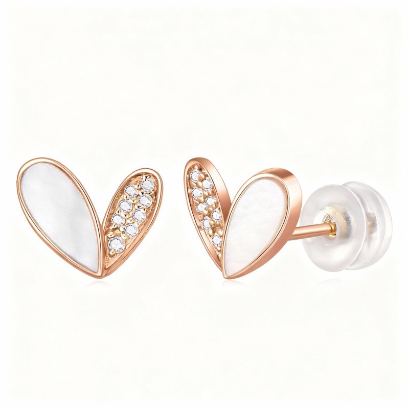 10Kローズゴールド ラウンドカット＆ペアカット キュービックジルコニア＆マザーオブパール ハートスタッドピアス-1