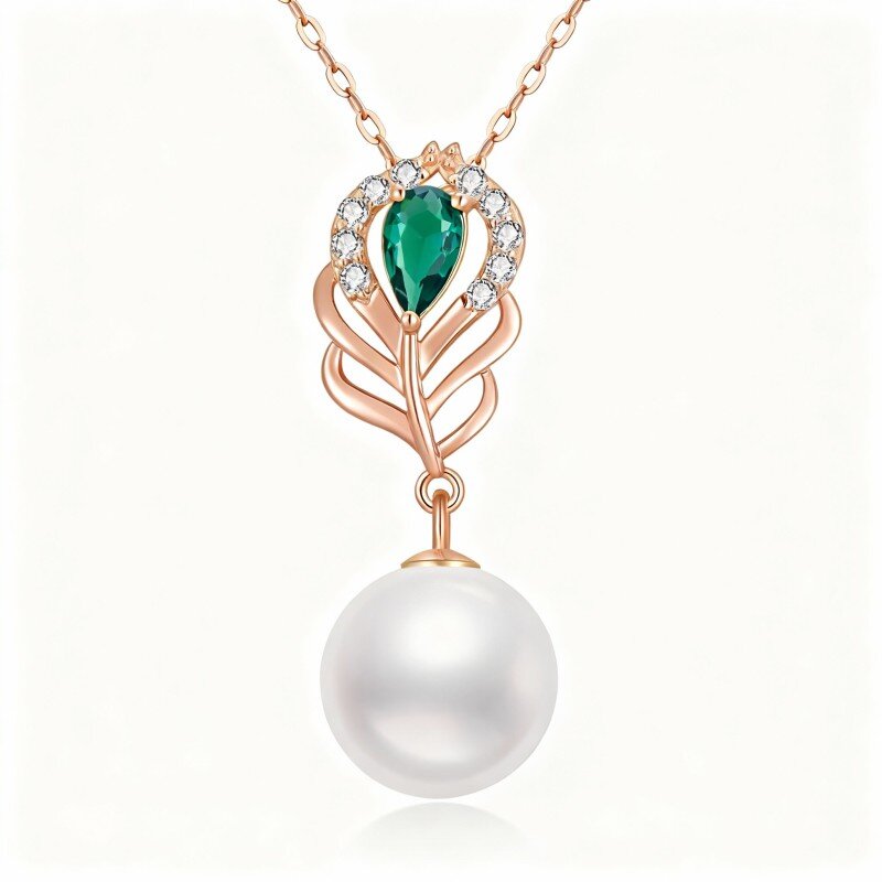 18K Rose Gold Round Cut Pearl Bead & Feather Pendant Necklace-1