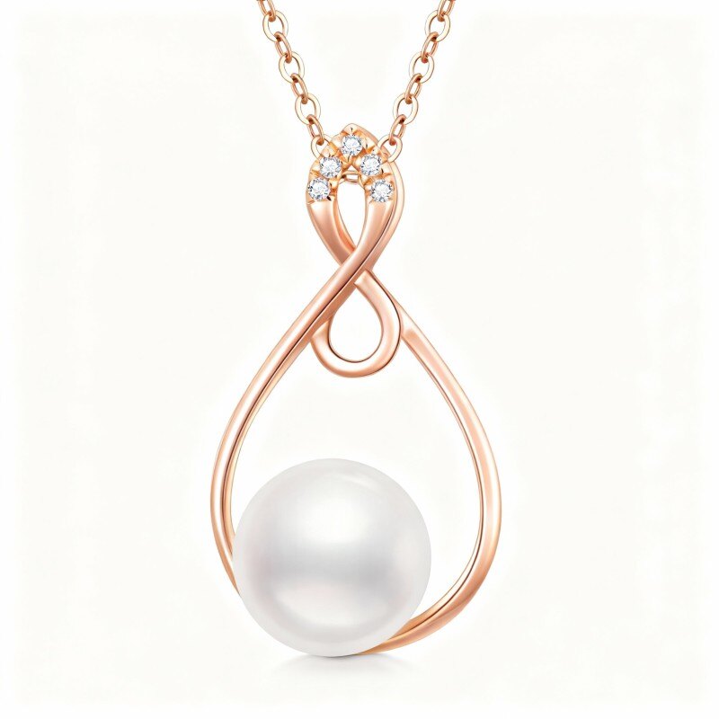 Halskette aus 14-karätigem Roségold mit rundem Zirkonia, Perle und Unendlichkeitssymbol-1