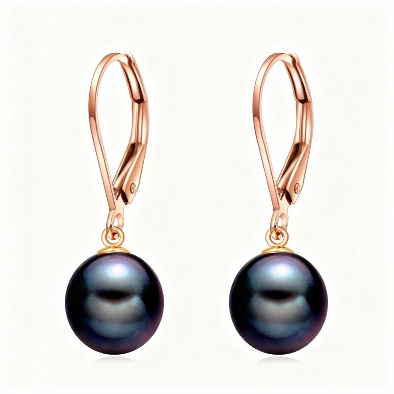14K Rose Gold Round Cut Pearl Bead Lever-back Earrings-1