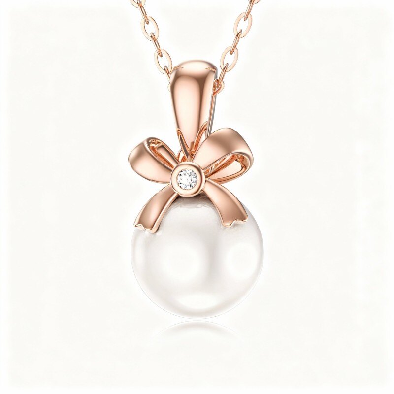Naszyjnik z kokardą z okrągłej perły szlifowanej w 10-karatowym różowym złocie-1