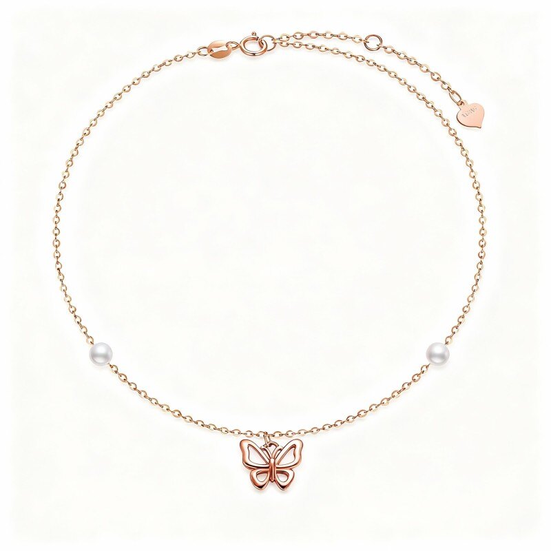 سوار من الذهب الوردي عيار 14 قيراطًا مزين بلؤلؤة مستديرة مقطوعة على شكل فراشة-1