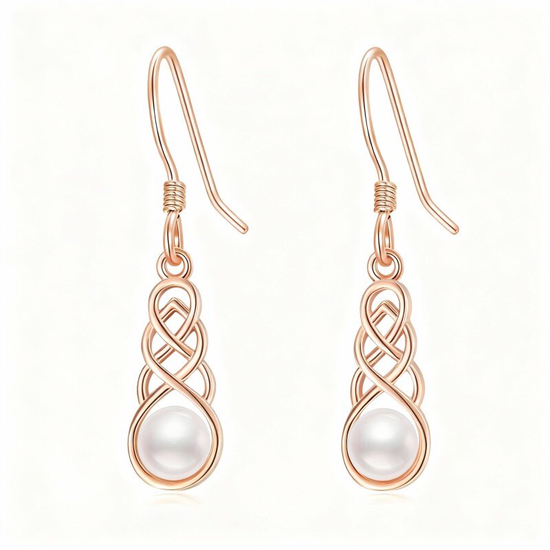 14K Rose Gold Round Cut Pearl Celtic Knot Drop Earrings-1