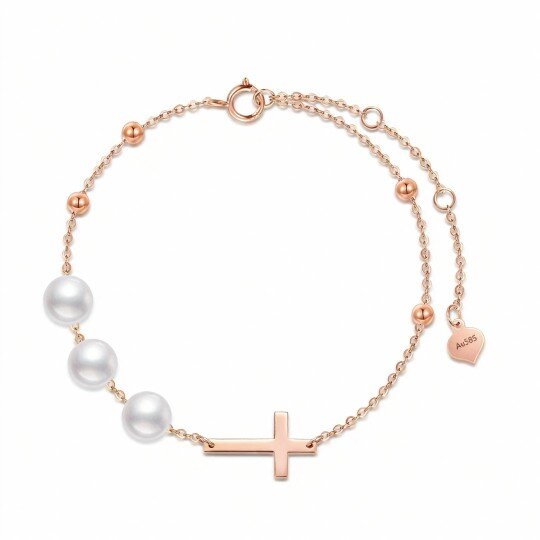 10K Rose Gold Round Cut Pearl Cross Charm Bracelet
