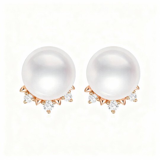 أقراط من الذهب الوردي عيار 10 قيراط مرصعة باللؤلؤ على شكل تاج دائري