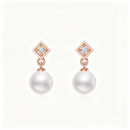 10K Rose Gold Round Cut Cubic Zirconia & Pearl Drop Earrings