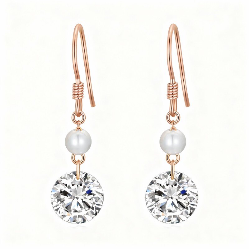 أقراط متدلية مستديرة من الذهب الوردي عيار 10 قيراط مرصعة بالزركونيا المكعبة واللؤلؤ-1