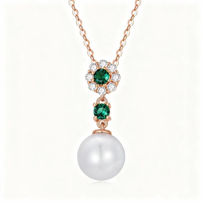 Naszyjnik z okrągłym wisiorkiem z 14-karatowego różowego złota z perłą i szmaragdem-1