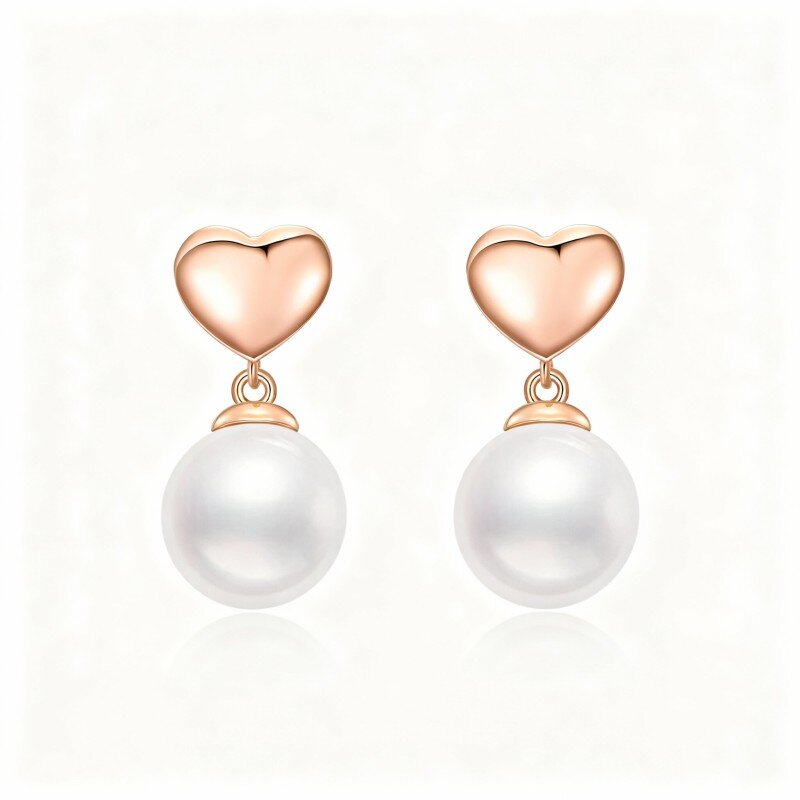 Brincos em ouro rosa 10K com pérolas de corte redondo em forma de coração.-1