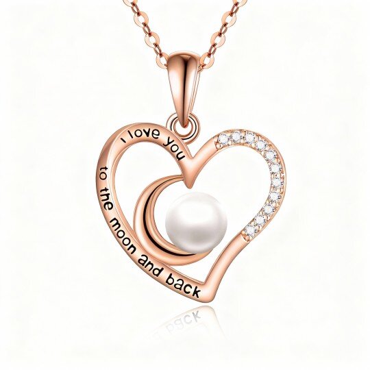 10K Rose Gold Round Cut Pearl Heart & Moon Pendant Necklace with Engraved Word