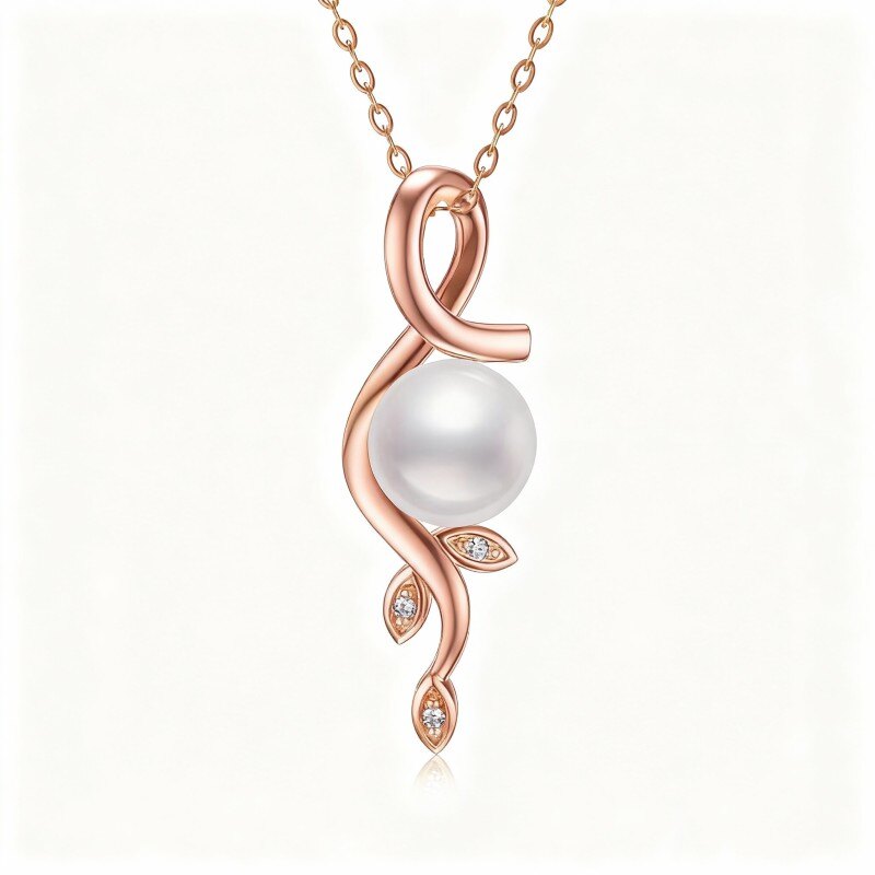 14K Rose Gold Round Cut Pearl Leaves Pendant Necklace-1