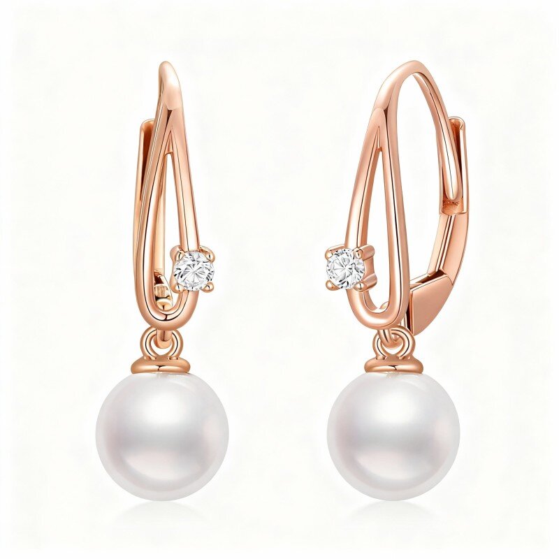 18K Rose Gold Round Cut Pearl Lever-back Earrings-1