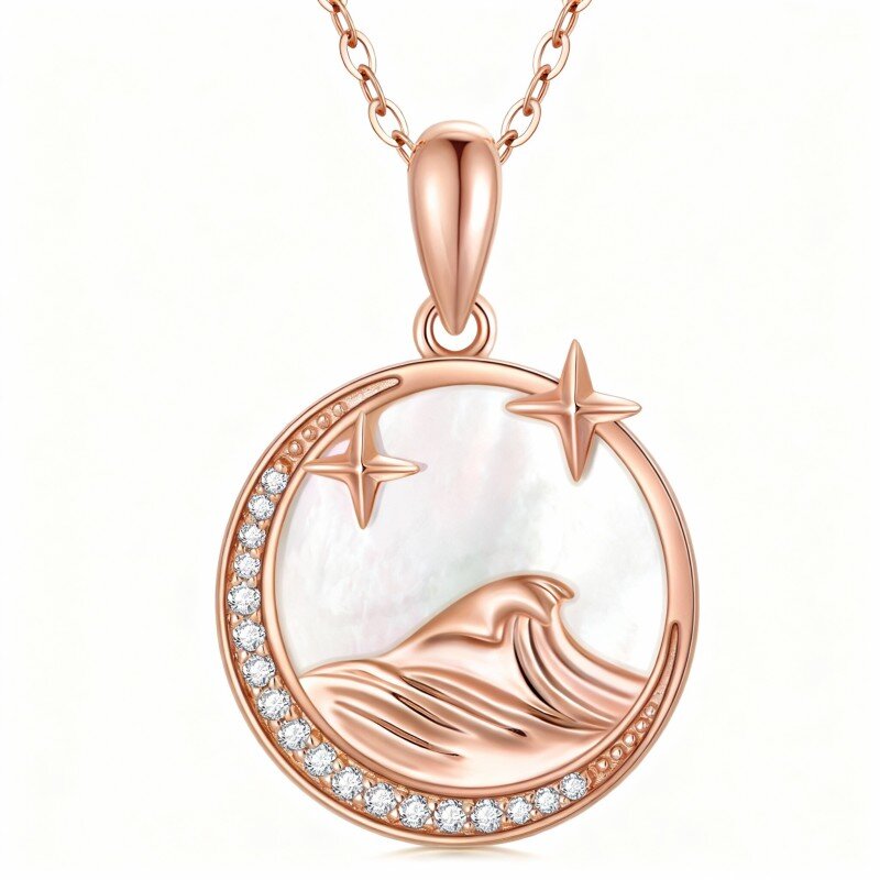 Collar con colgante de luna y rocío de perlas de talla redonda en oro rosa de 10 quilates-1