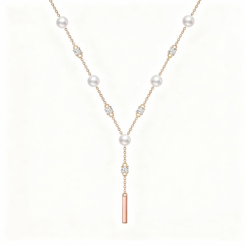 Collana a Y non regolabile in oro rosa 14 carati con zirconi cubici taglio rotondo e perle-1