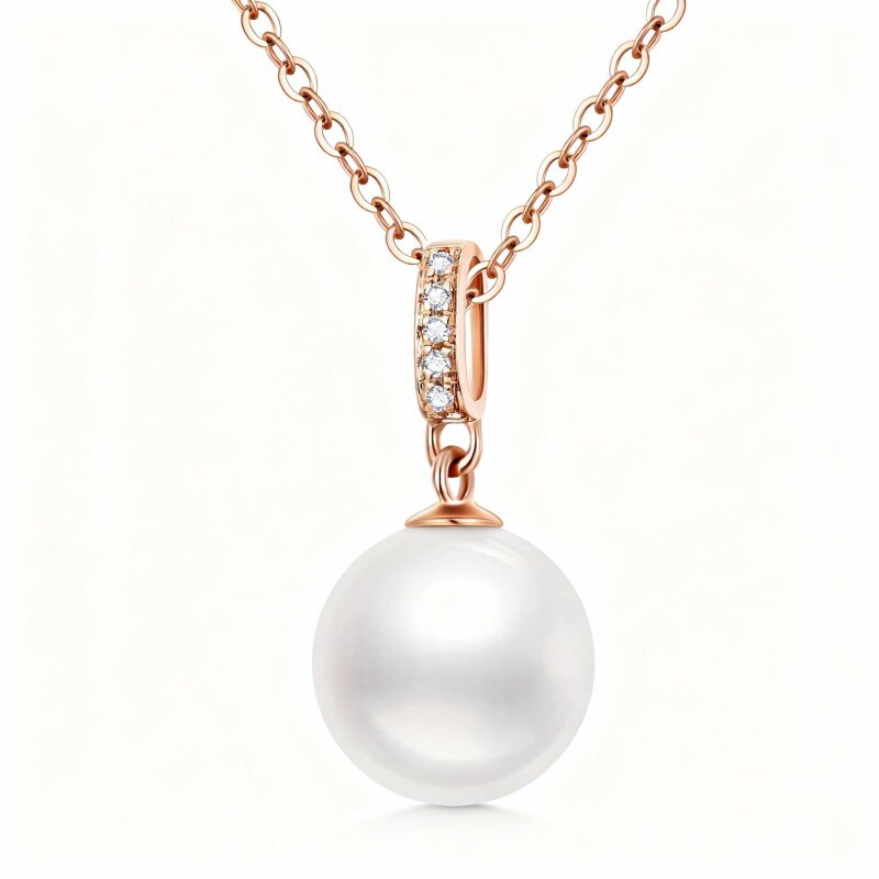 10K Rose Gold Round Cut Pearl Round Pendant Necklace-1