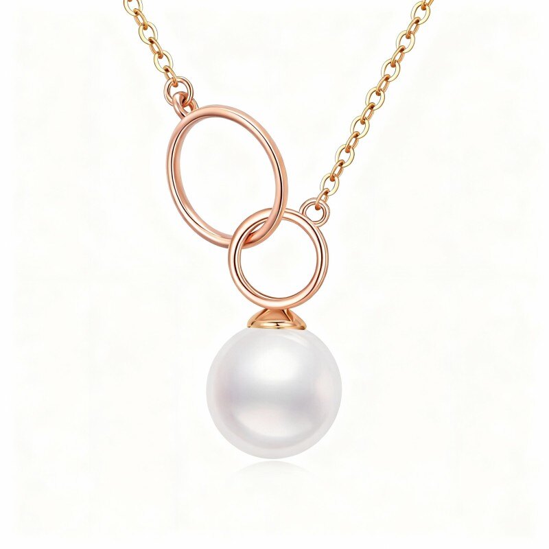 18K Rose Gold Round Cut Pearl Round Pendant Necklace-1