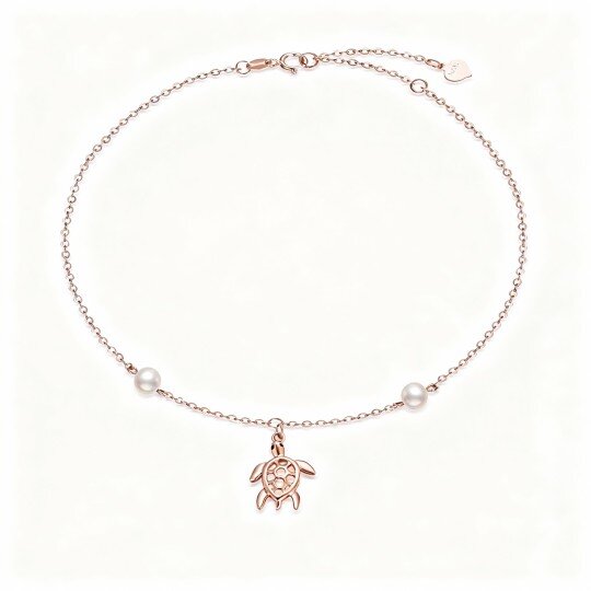 10K Rose Gold Round Cut Pearl Sea Turtle Single Layer Charm Anklet