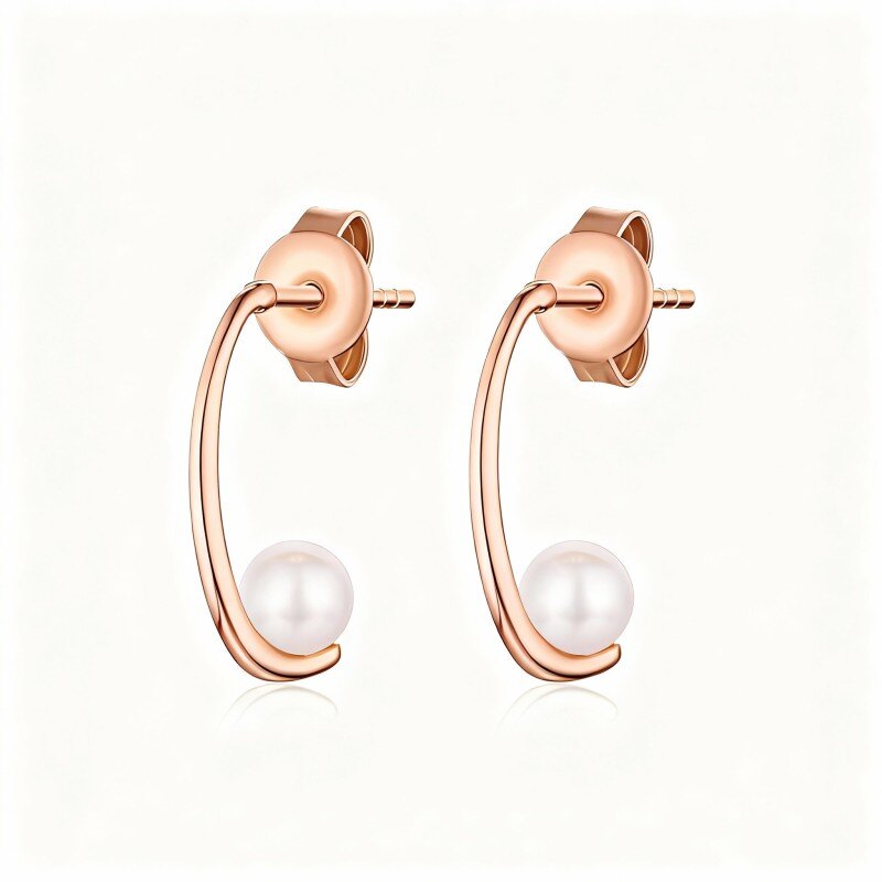 18K Rose Gold Round Cut Pearl Stud Earrings-1